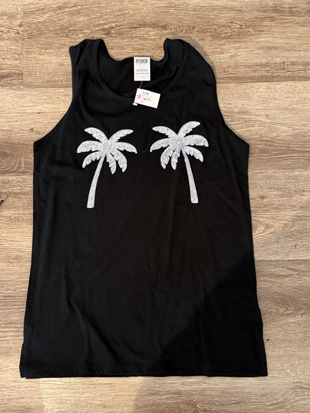 PINK Victoria's Secret Black Tank Top with Silver Palm Tree Appliqués